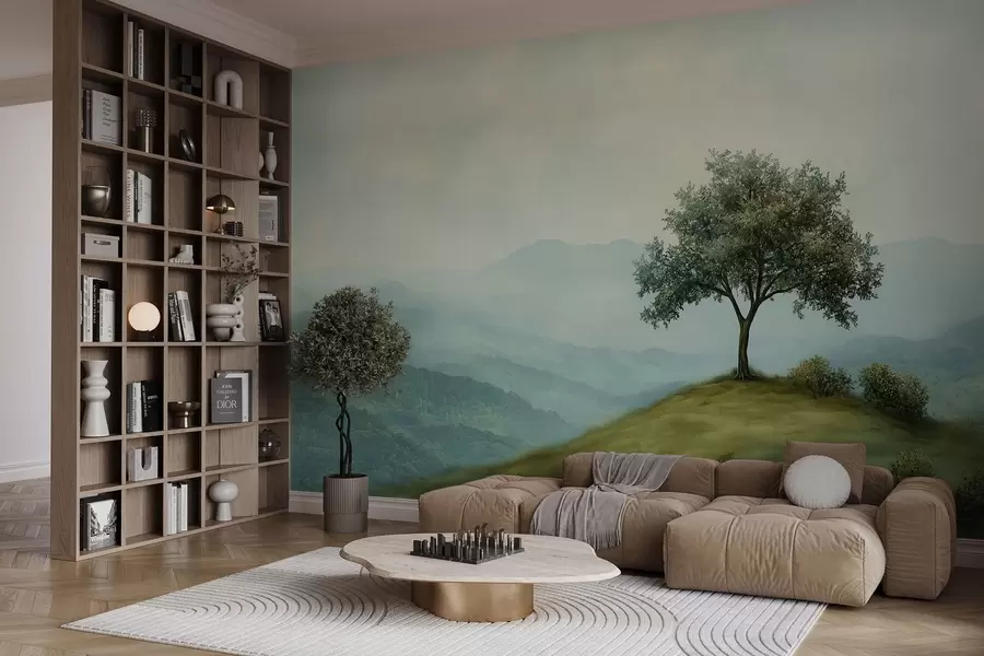 murales de pared panorama con un árbol en una colina w02683
