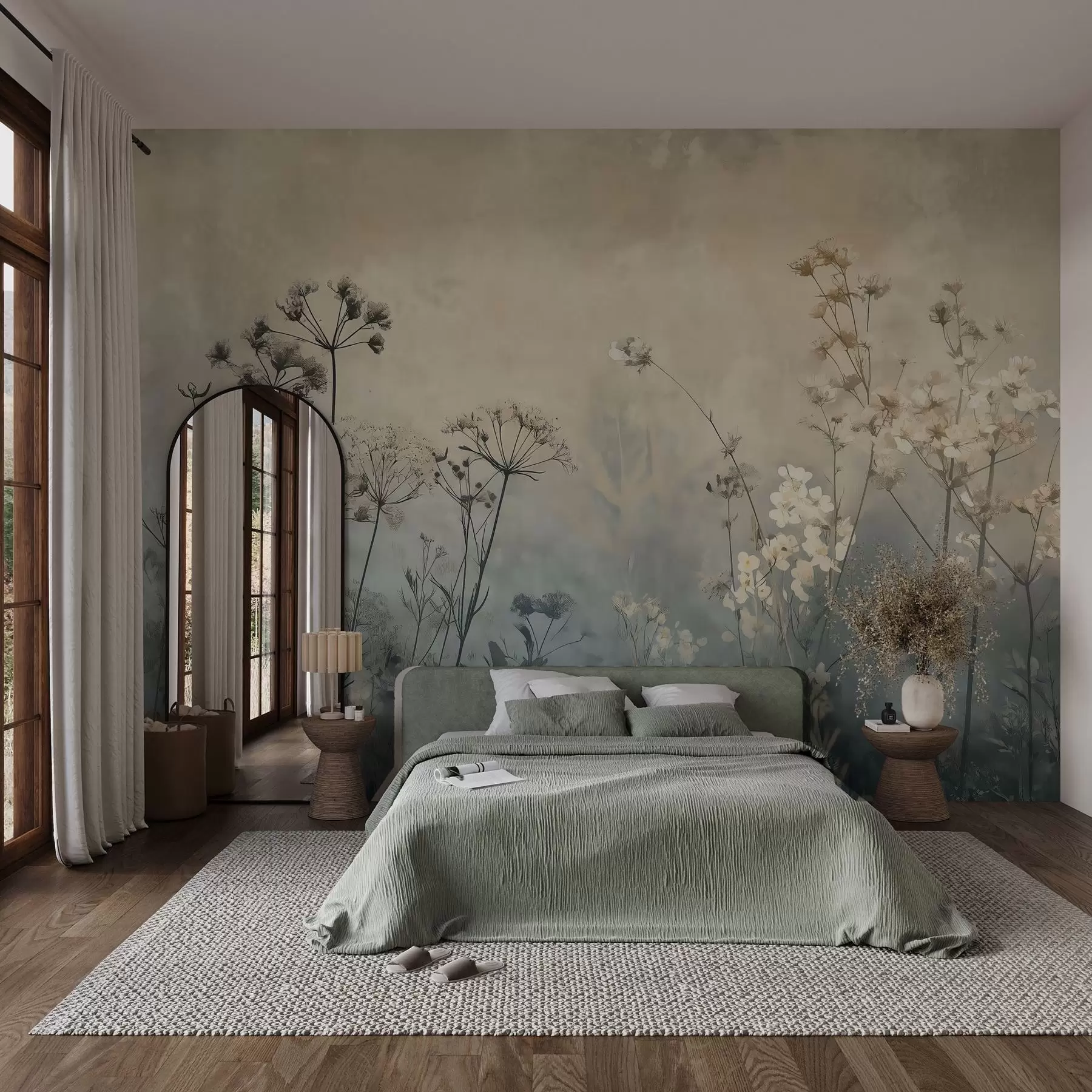 murales de pared papel pintado ecológico con flores silvestres y plantas sobre fondo texturizado w02685