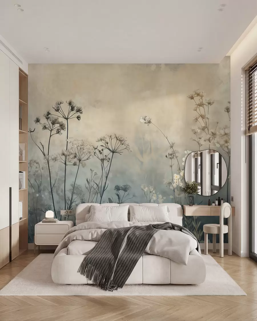 murales de pared papel pintado ecológico con flores silvestres y plantas sobre fondo texturizado w02685