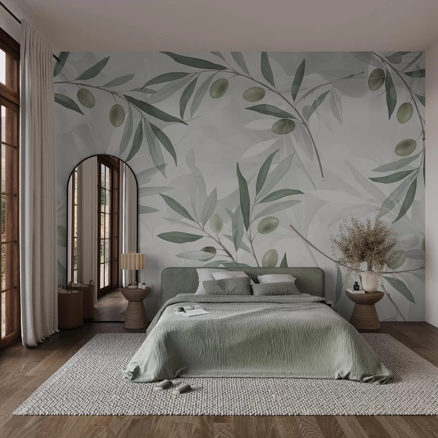 murales de pared Ramas de olivo con hojas verdes y aceitunas sobre fondo claro w08576