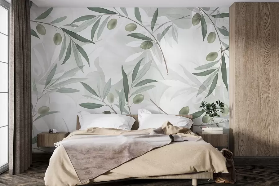 murales de pared Ramas de olivo con hojas verdes y aceitunas sobre fondo claro w08576