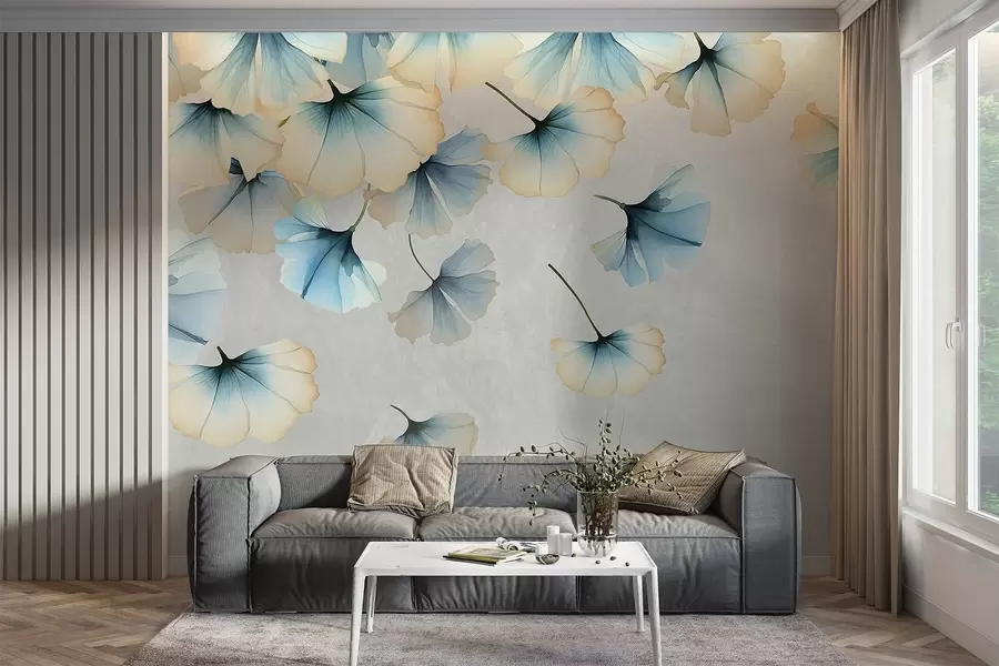 murales de pared Hojas de ginkgo de colores pastel, azules y amarillas, con delicados pétalos flotando en el aire sobre un fondo de texturas w08578v1