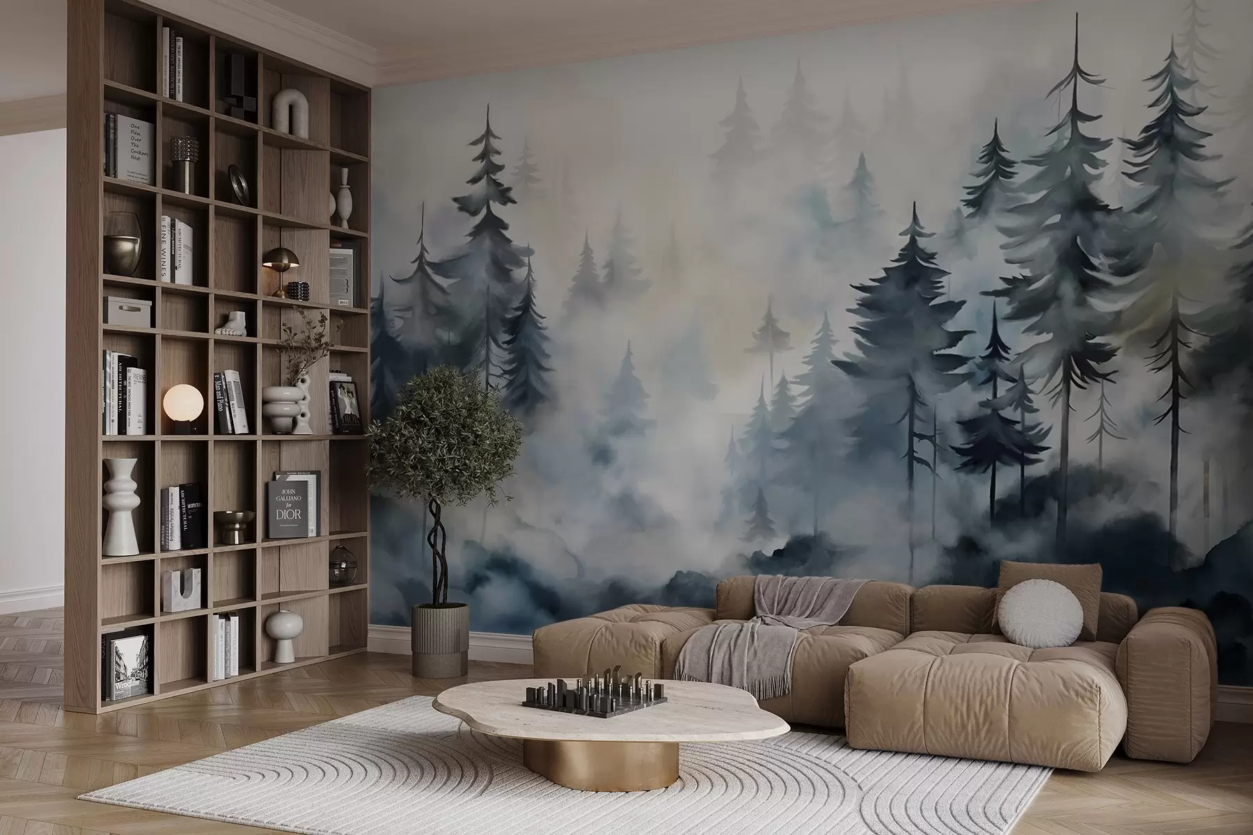 murales de pared Un paisaje de bosque brumoso con altos pinos en el fondo de niebla en estilo acuarela w08584