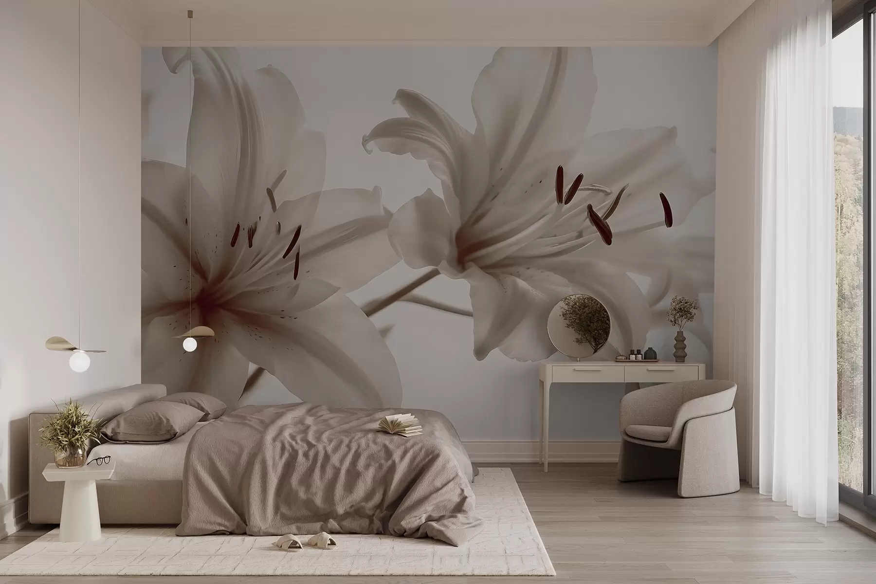 murales de pared Primer plano con enfoque suave de flores de lirio minimalistas de color beige sobre un fondo claro w08586v1
