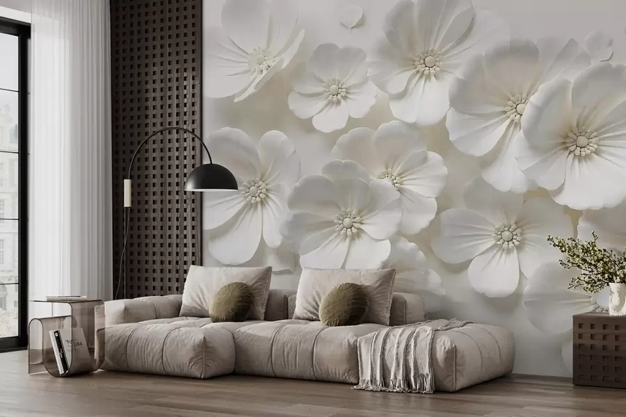 murales de pared Flores blancas con delicados pétalos y centros sobre fondo claro w08587