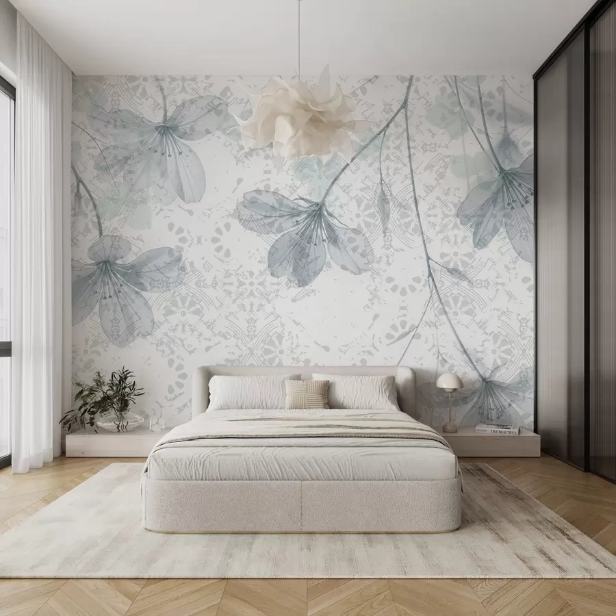 murales de pared Delicadas flores azules y blancas con largos tallos y pétalos sobre un fondo de textura suave y difuminada w08588