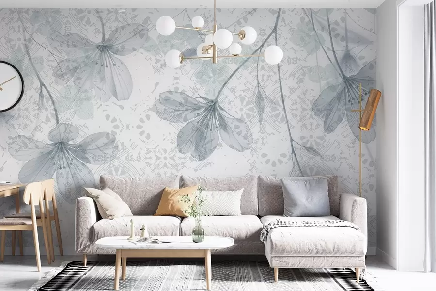 murales de pared Delicadas flores azules y blancas con largos tallos y pétalos sobre un fondo de textura suave y difuminada w08588