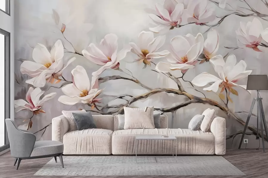 murales de pared Delicadas flores rosas de magnolia floreciendo en las ramas desnudas de un árbol sobre un fondo suave y brumoso w08589