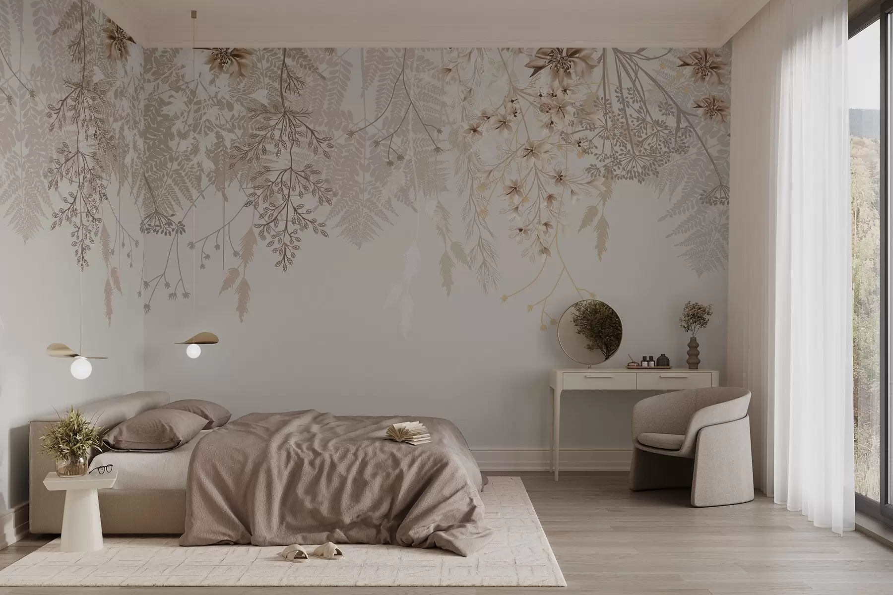 murales de pared Delicadas ramas florales y hierba con flores blancas, grises y beige que caen en cascada sobre un fondo claro w08598