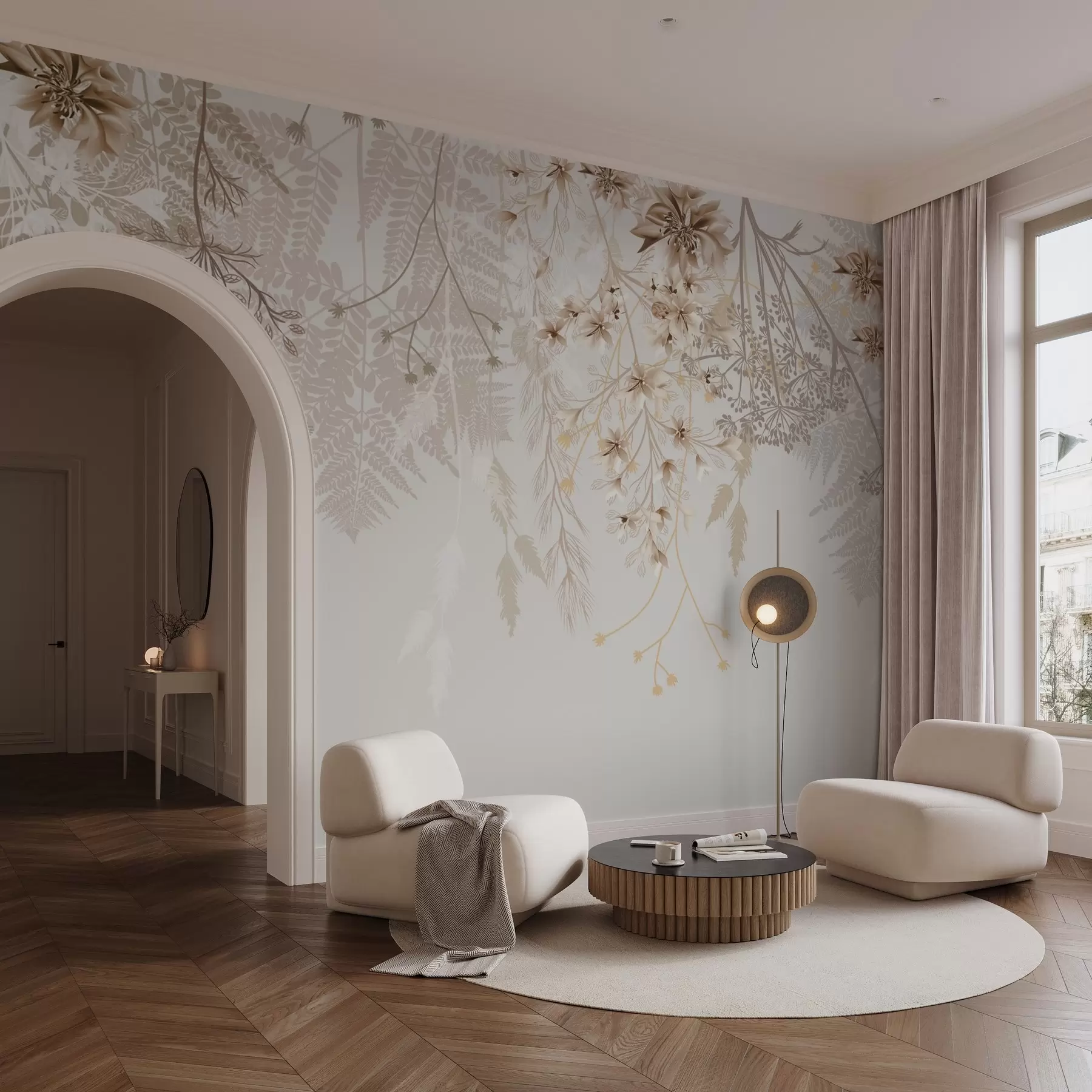 murales de pared Delicadas ramas florales y hierba con flores blancas, grises y beige que caen en cascada sobre un fondo claro w08598