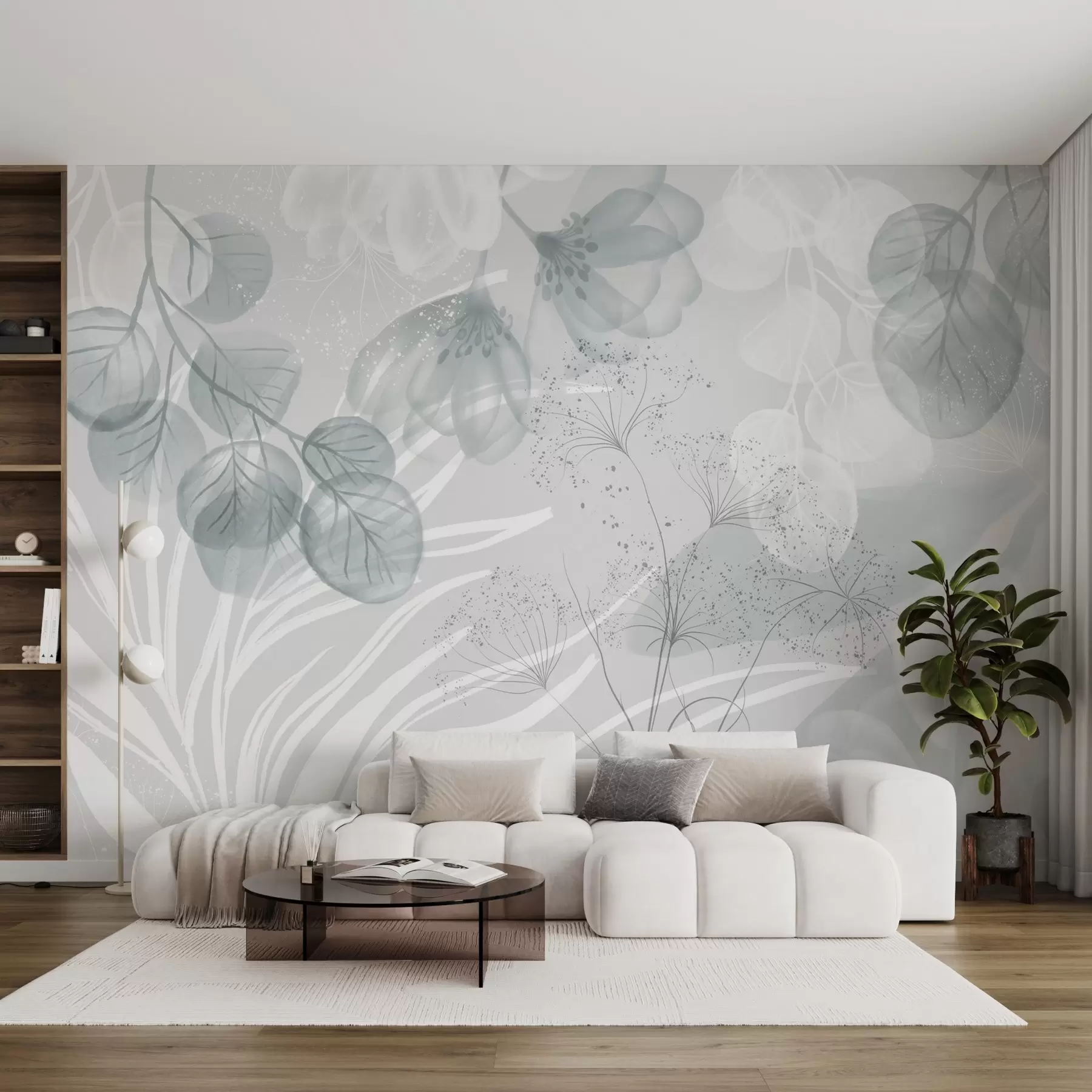 murales de pared Elementos florales de eucalipto en tonos azules y blancos con hojas y pétalos superpuestos de estilo minimalista w08599