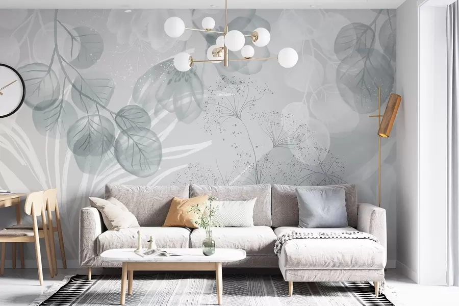 murales de pared Elementos florales de eucalipto en tonos azules y blancos con hojas y pétalos superpuestos de estilo minimalista w08599