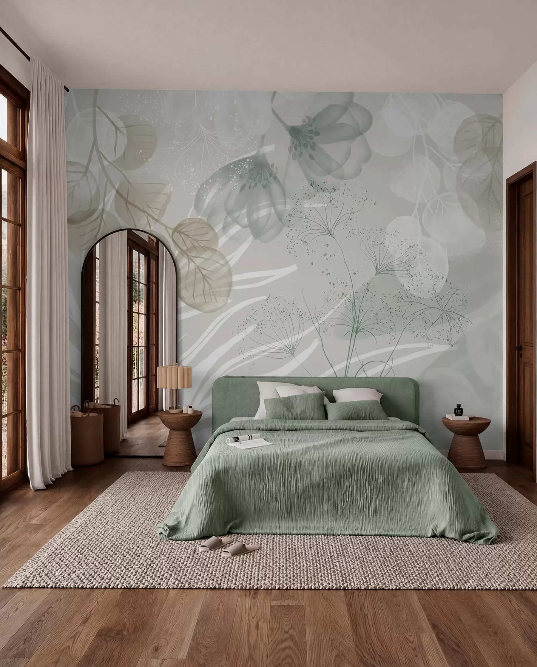 murales de pared Elementos florales de eucalipto en tonos verdes y blancos con hojas y pétalos superpuestos de estilo minimalista w08599v1