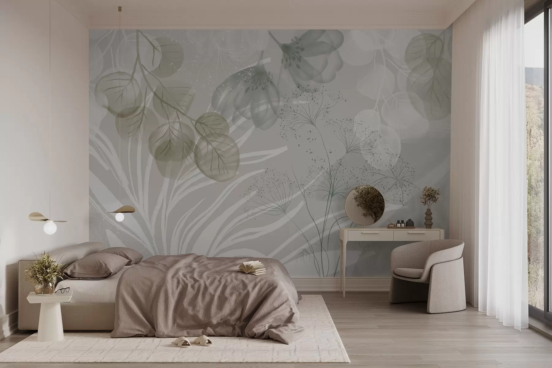 murales de pared Elementos florales de eucalipto en tonos verdes y blancos con hojas y pétalos superpuestos de estilo minimalista w08599v1