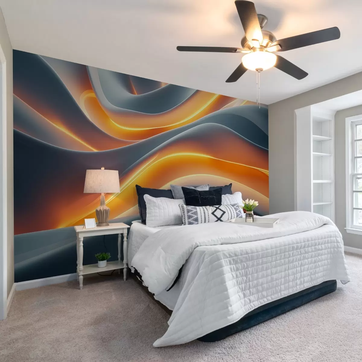 murales de pared Ondas grises con una imitación de reflejos de luz amarilla w02248