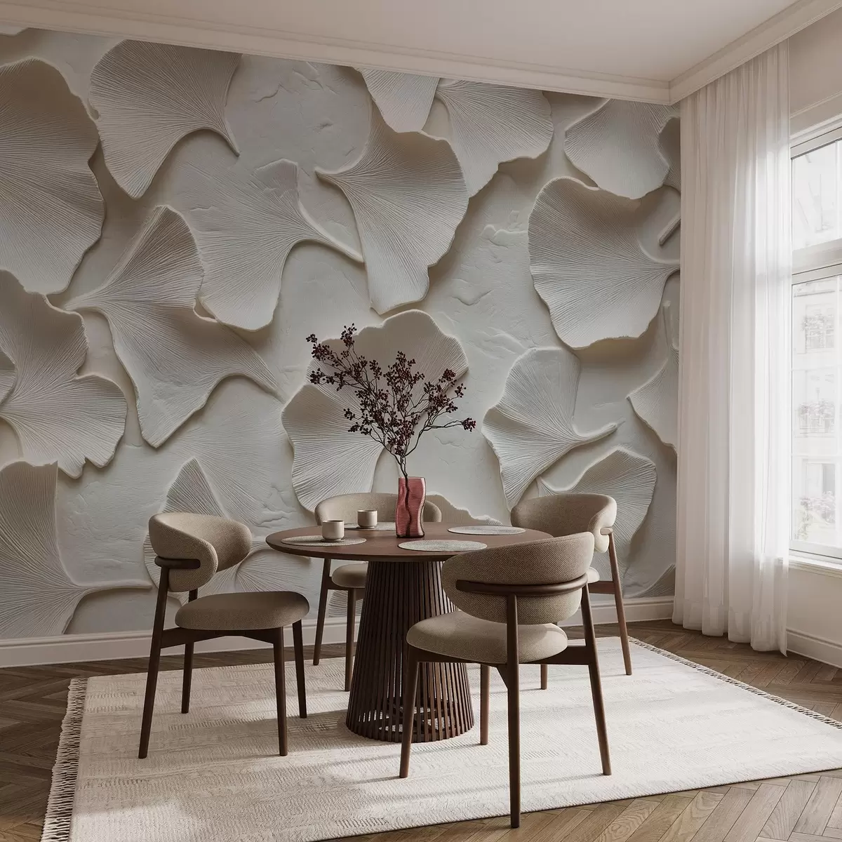murales de pared Estuco con delicado relieve de hojas de ginkgo sobre fondo blanco w08560v1