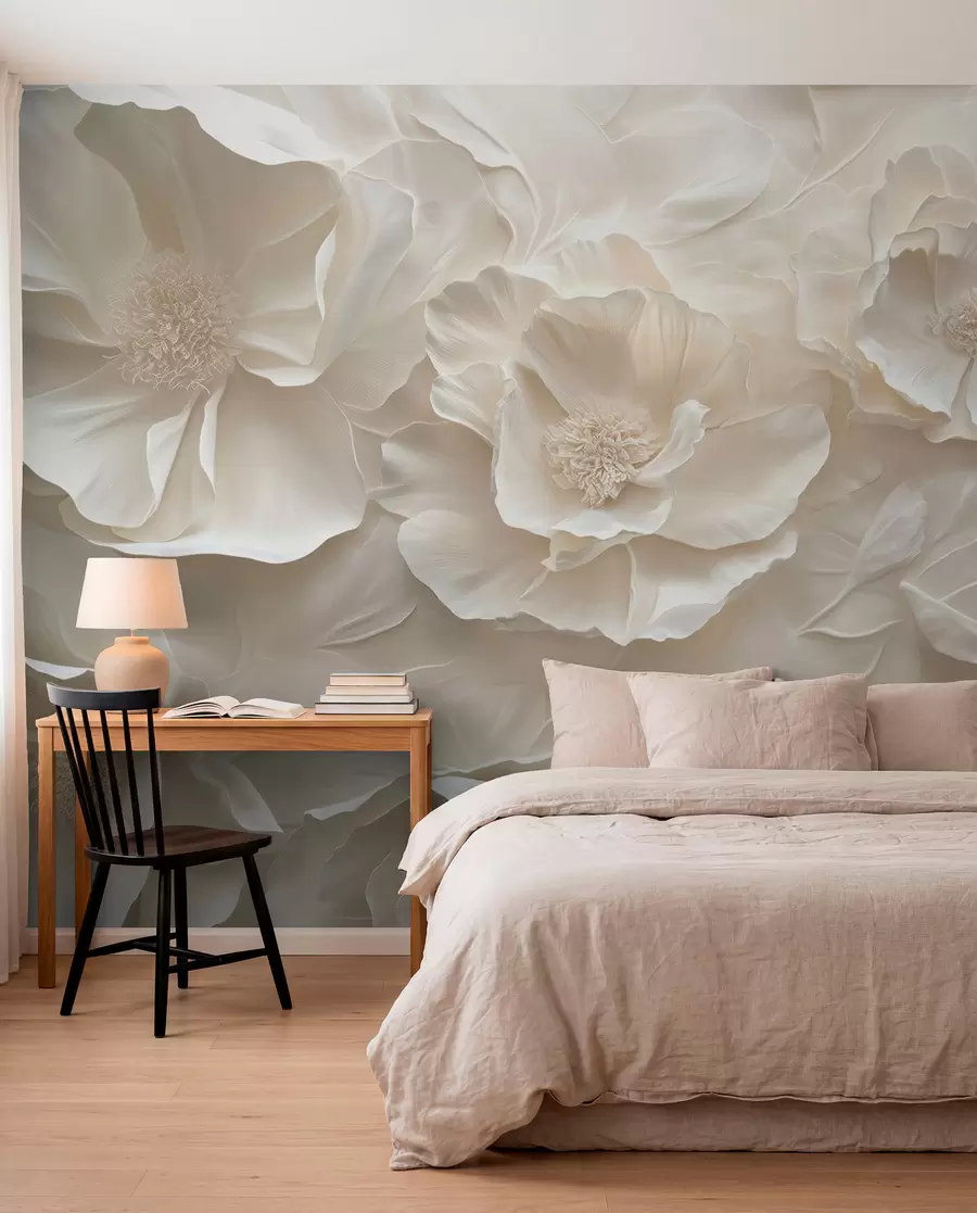 murales de pared Flores aéreas en tonos cálidos sobre un fondo de trazos de hojas w08562