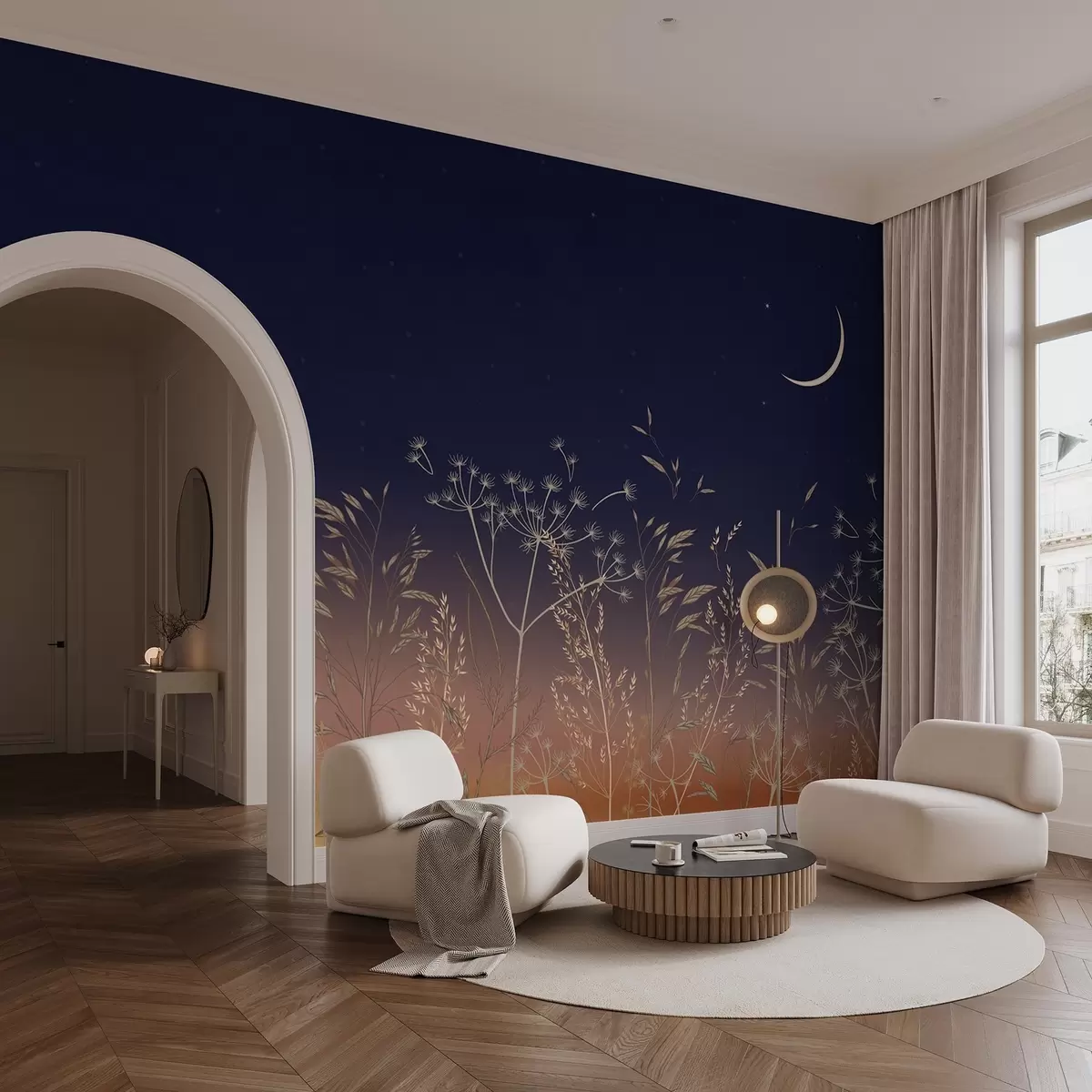 murales de pared Dientes de león con flores silvestres sobre un fondo de puesta de sol con un cielo azul y la luna w08567