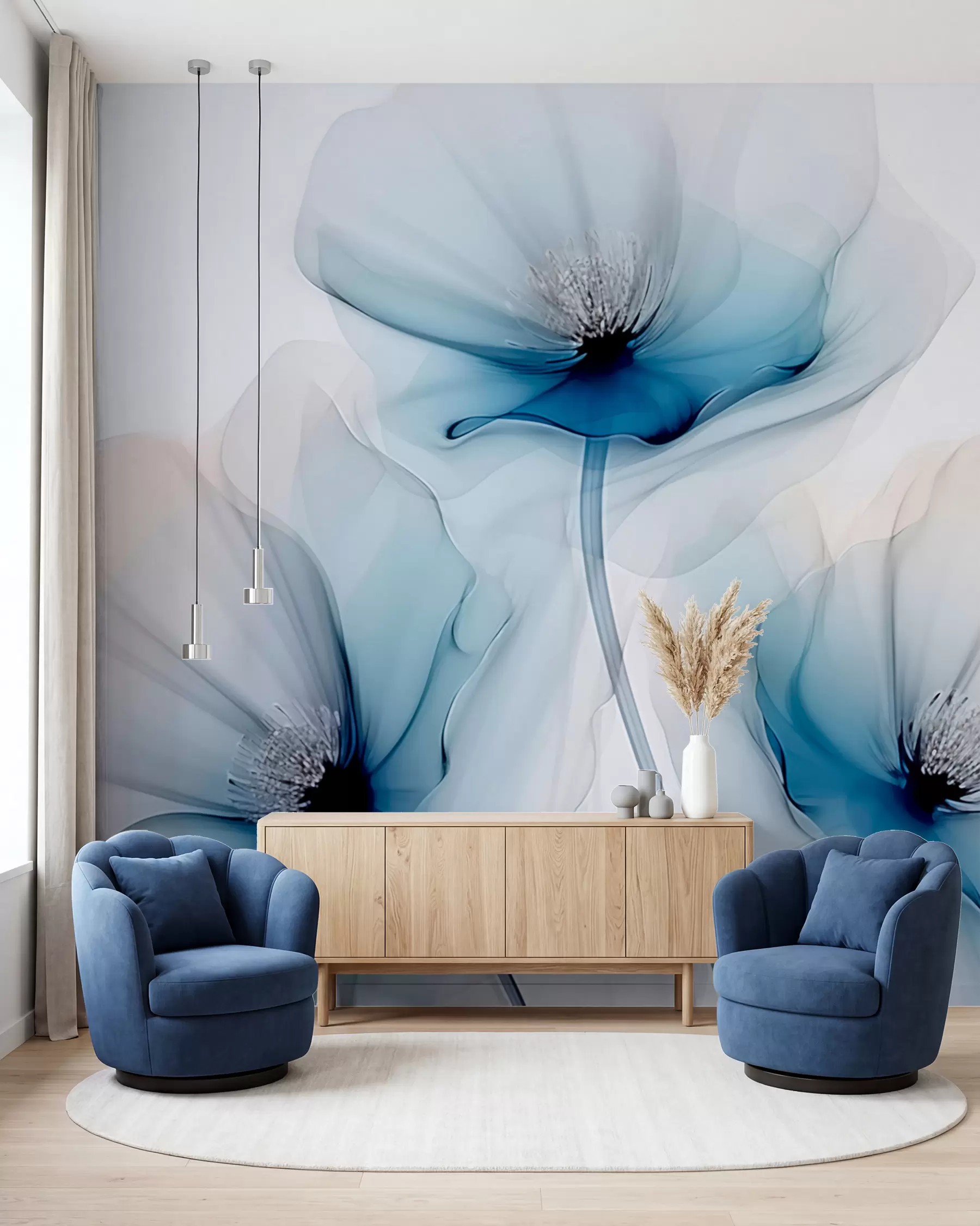 murales de pared Flores en tinta azul w02696