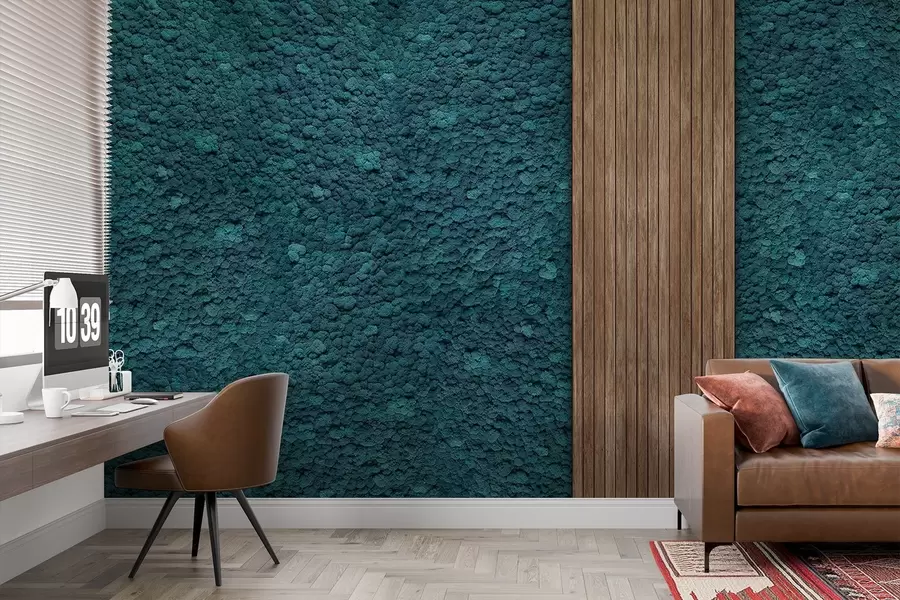 murales de pared Pared estilo musgo con panel de madera, exuberantes colores azules w02656v2