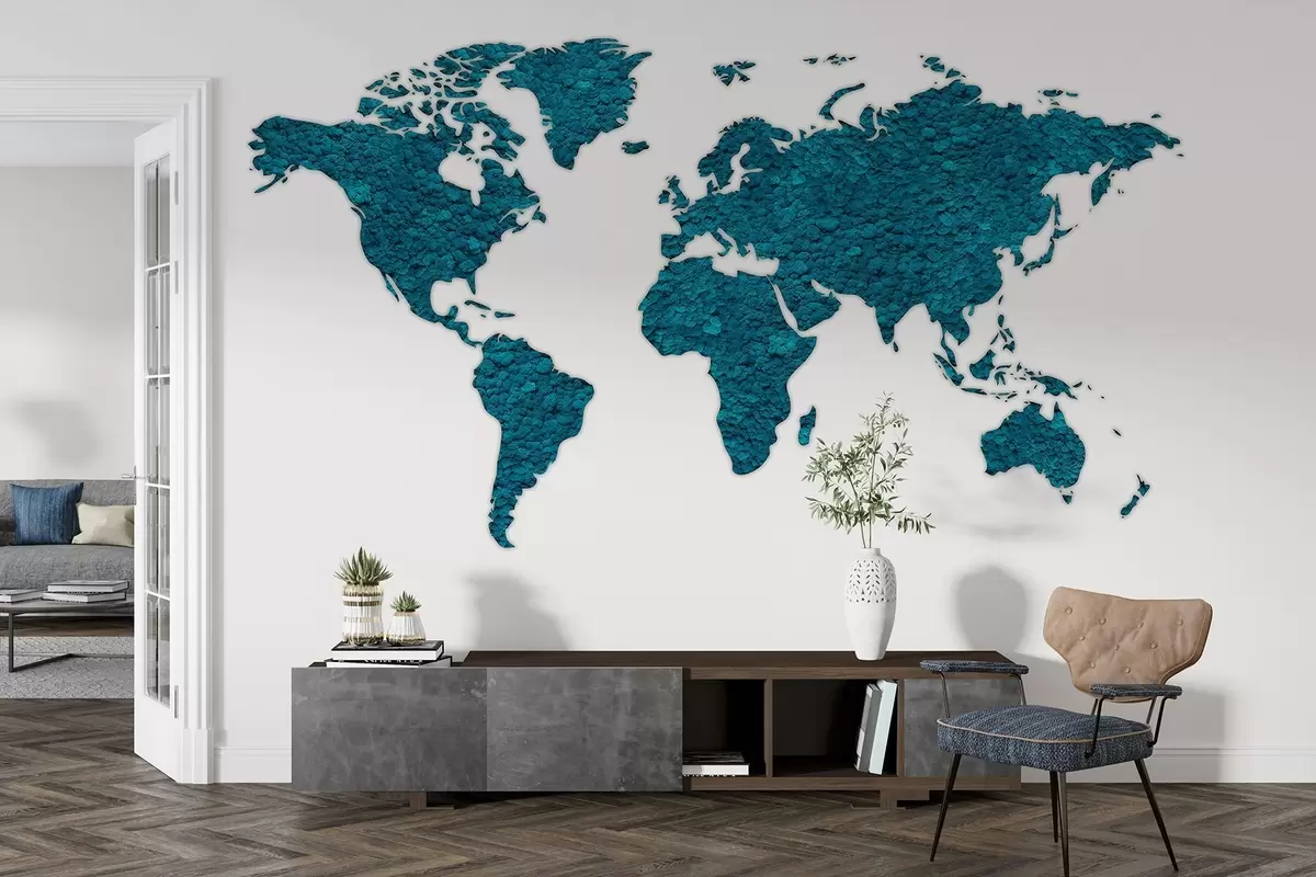 murales de pared Mapamundi con musgo, naturaleza, paleta de colores azules  w02657v1