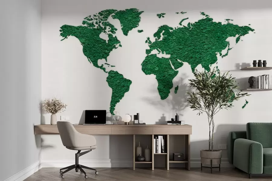 murales de pared Mapamundi con musgo, naturaleza, exuberante paleta de colores verdes  w02657v2