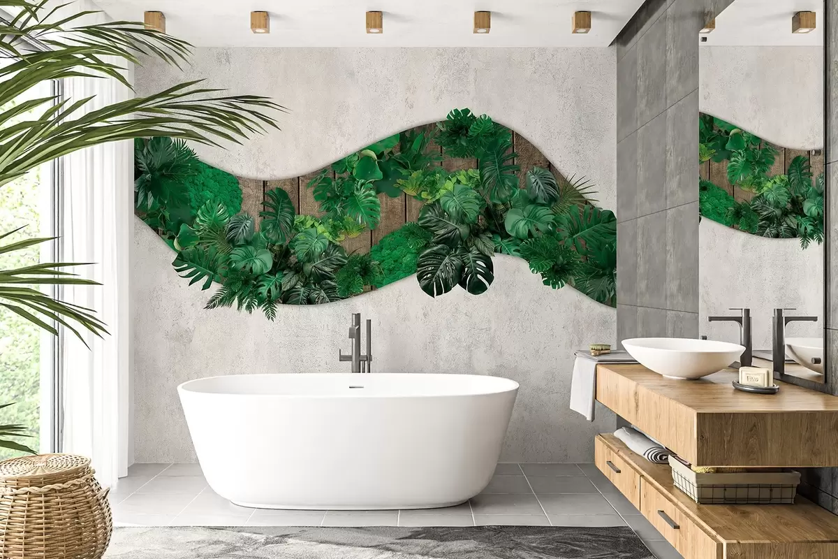Murales de pared Adorno de pared con plantas, musgo, hojas de palmera, fondo de madera, vegetación w02658v1 murales de pared Adorno de pared con plantas, musgo, hojas de palmera, fondo de madera, vegetación w02658v1