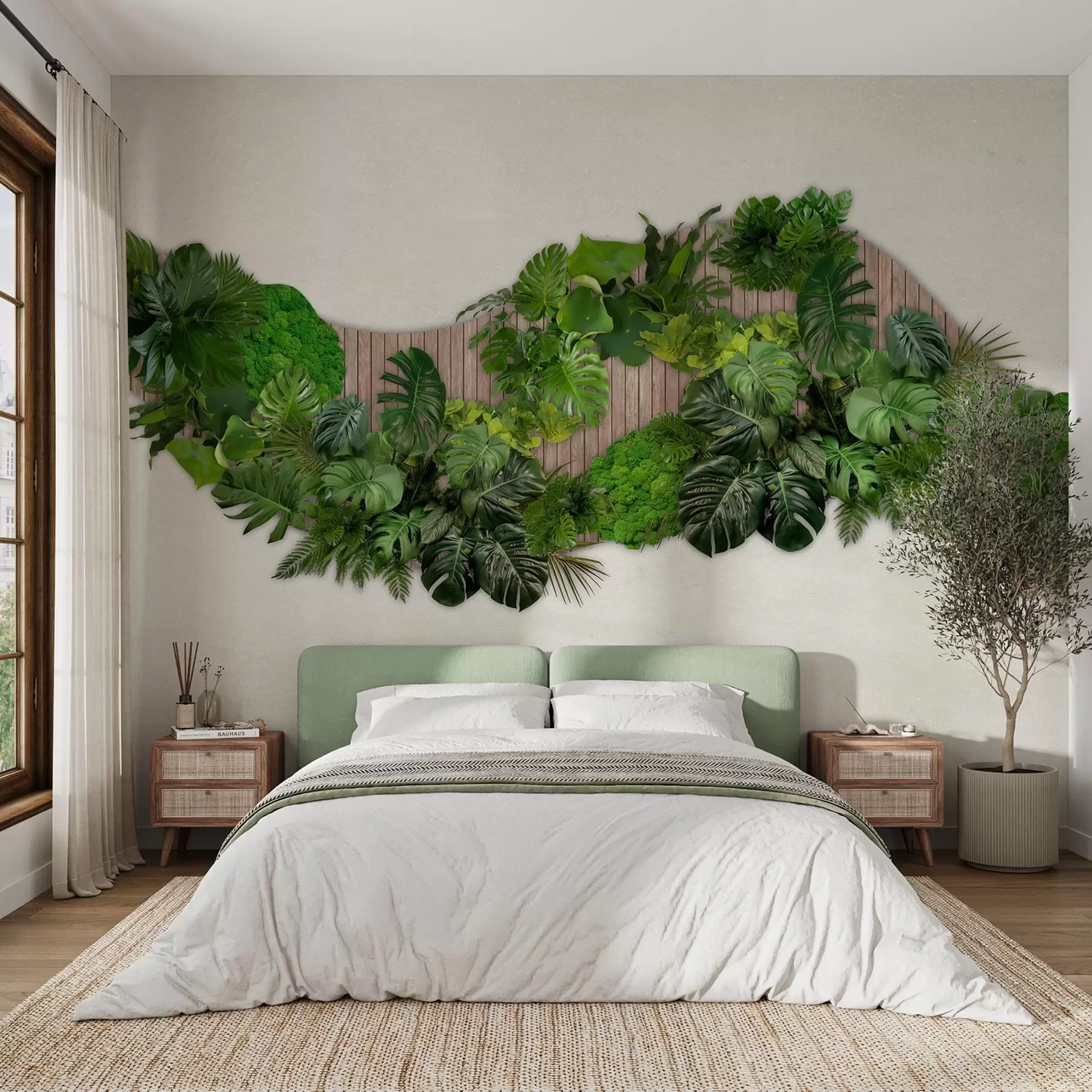 murales de pared Panel floral con hojas de palmera, musgo y fondo de madera w02717