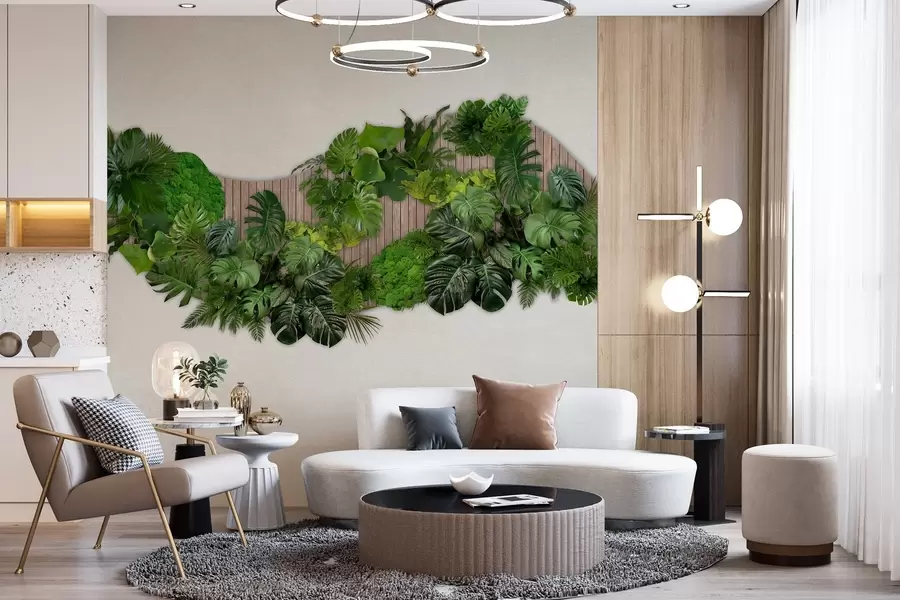 murales de pared Panel floral con hojas de palmera, musgo y fondo de madera w02717