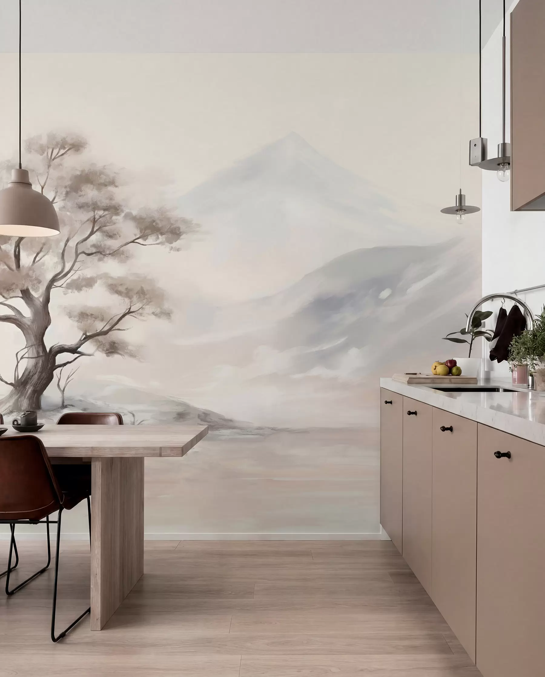 murales de pared Dibujo minimalista de un árbol solitario y retorcido en un paisaje desolado y rocoso con montañas al fondo  w08604