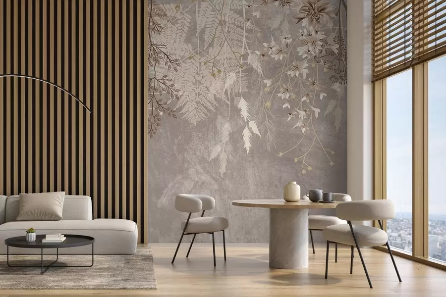 murales de pared Unas plantas de ensueño, delicadas y tenues, espiguillas y flores en colores pastel marrones sobre un fondo brumoso y texturizado w08606v1