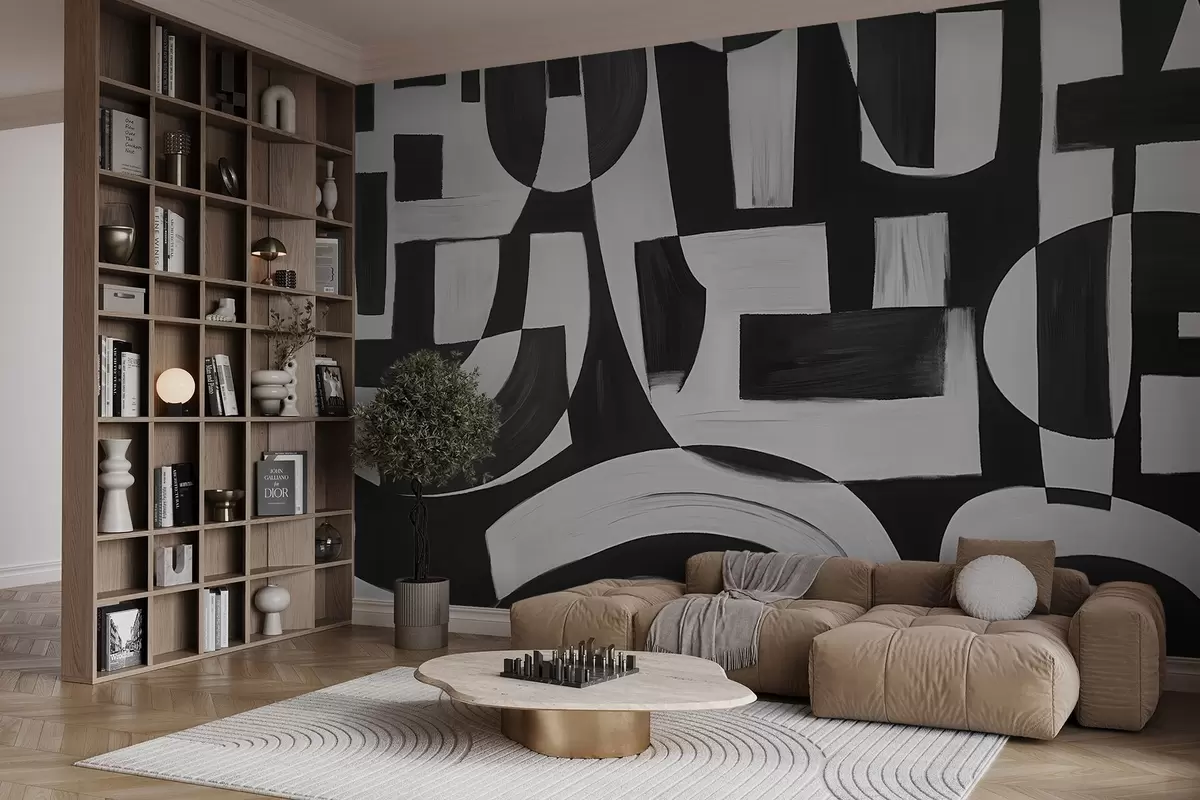 murales de pared Formas y motivos geométricos abstractos en blanco y negro que crean una composición visualmente impactante y dinámica w08608