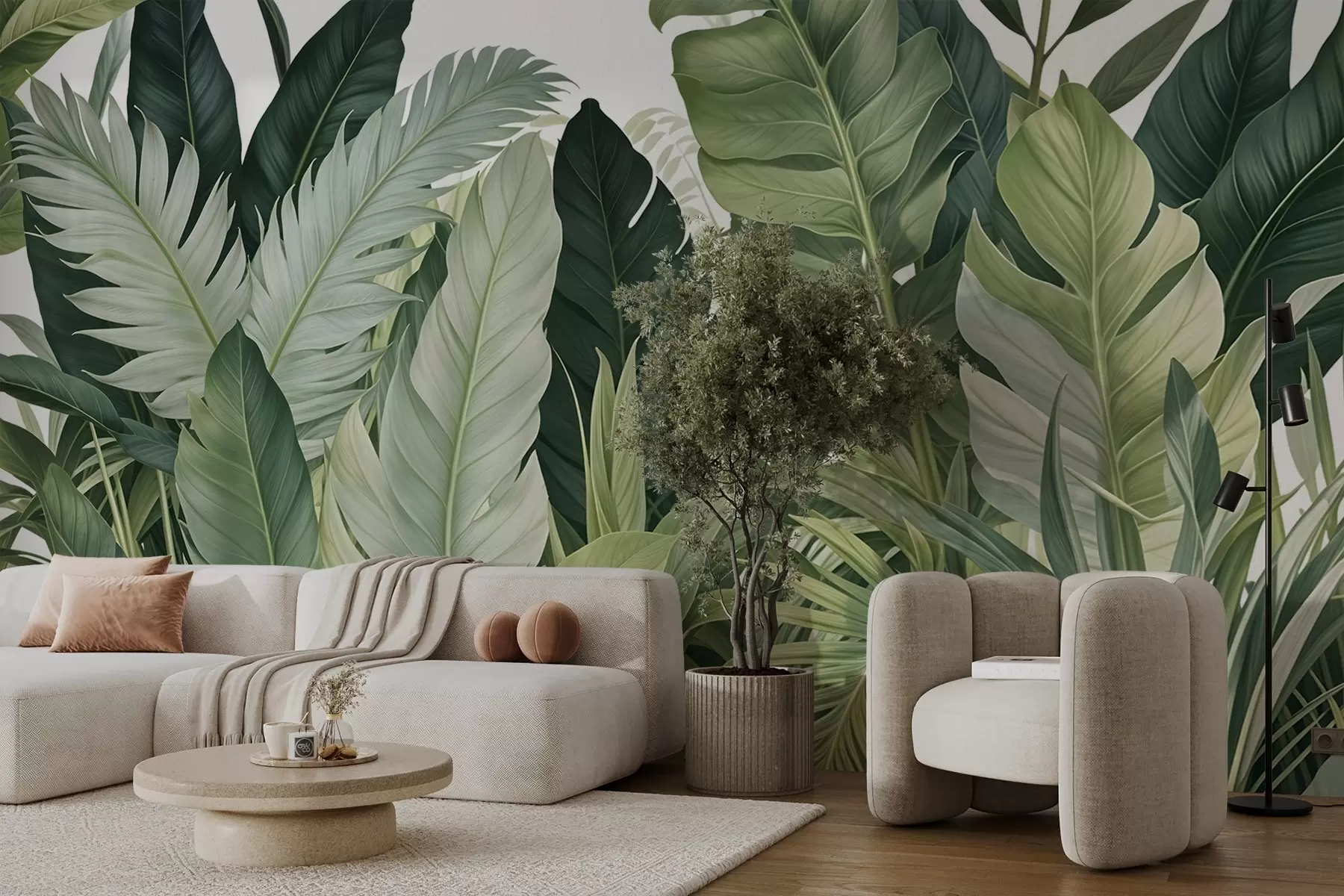 murales de pared Follaje tropical con varias hojas verdes grandes, incluidas hojas de plátano, hojas de palmera y otras especies de plantas exóticas w08609