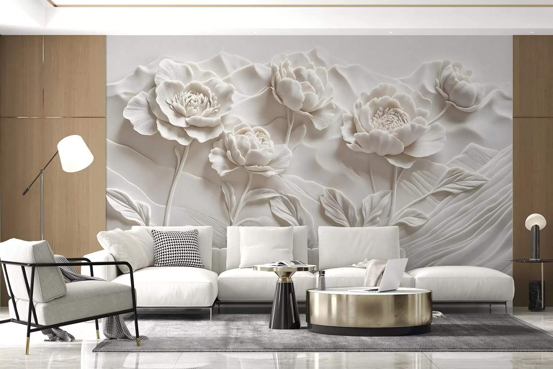 murales de pared Imitación floral blanca de escultura en relieve con grandes y detalladas flores de peonía sobre fondo liso w08612