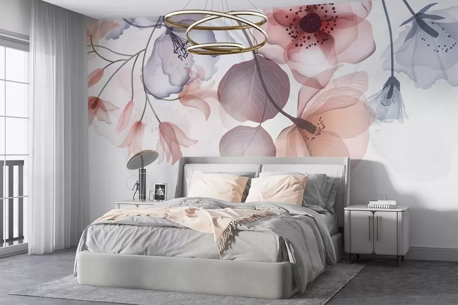 murales de pared Delicadas flores translúcidas rosas y grises con pétalos suaves y centros oscuros, sobre un fondo claro w08613