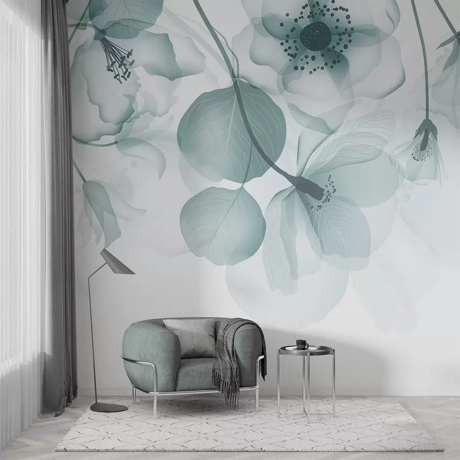 murales de pared Delicadas flores translúcidas de color turquesa apagado, con pétalos suaves y centros oscuros, sobre un fondo claro w08613v1