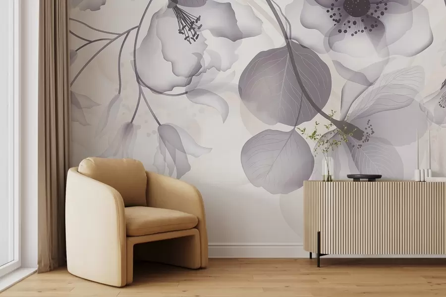 murales de pared Delicadas flores translúcidas grises y beige con pétalos suaves y centros oscuros, sobre un fondo claro w08613v2