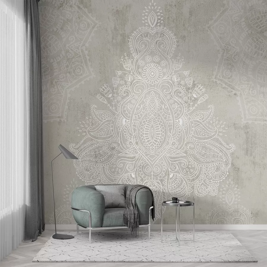 murales de pared Un detallado e intrincado estampado de mandala de encaje blanco sobre un fondo abstracto de textura beige claro w08614