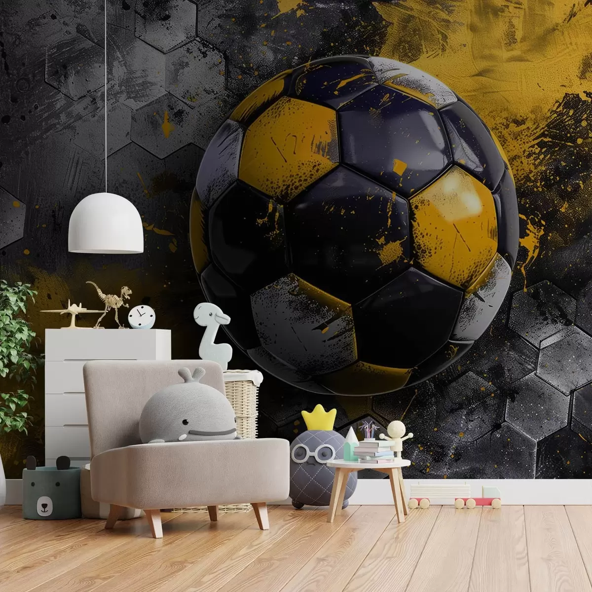 murales de pared Balón de fútbol sobre fondo de panales con manchas de pintura amarilla w08616