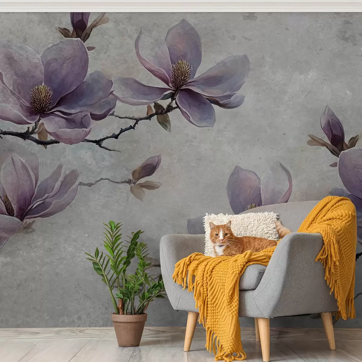 murales de pared Ramas de magnolia sobre fondo gris acuarela w08624