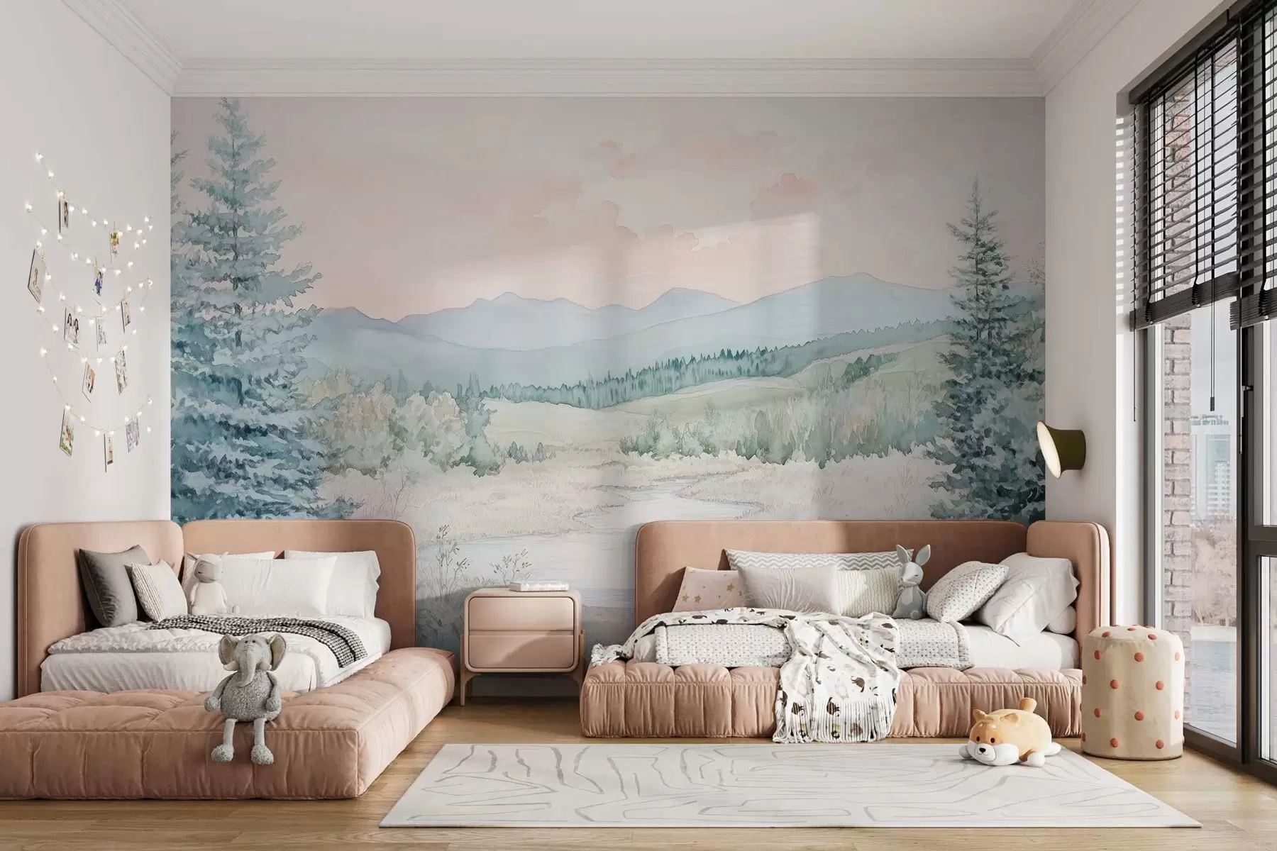 murales de pared paisaje en estilo acuarela con abetos w02689