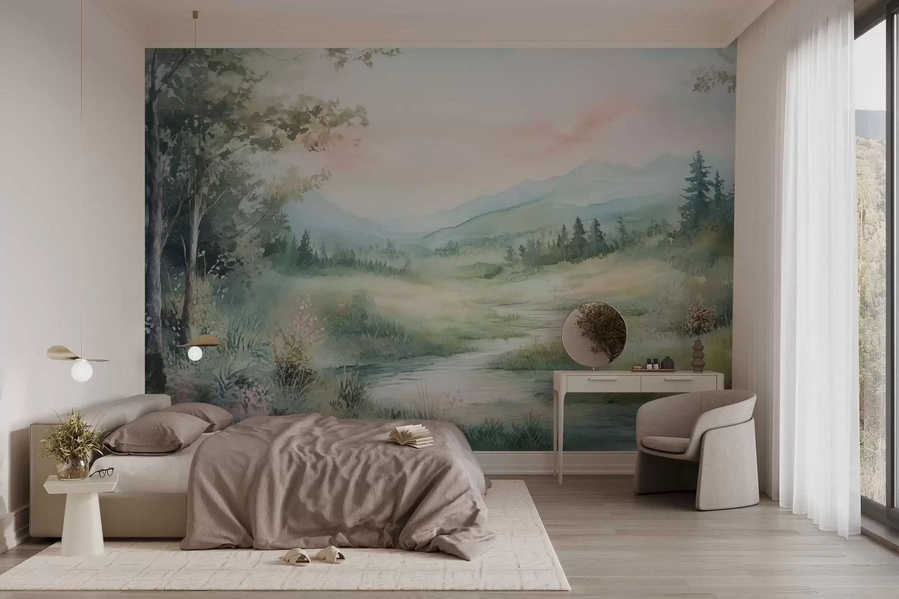 murales de pared acuarela paisaje con un camino y montañas w02764