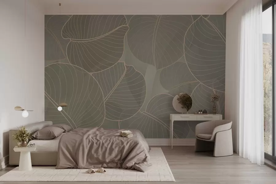 murales de pared follaje lineal del lirio de agosto en tonos beige w02768