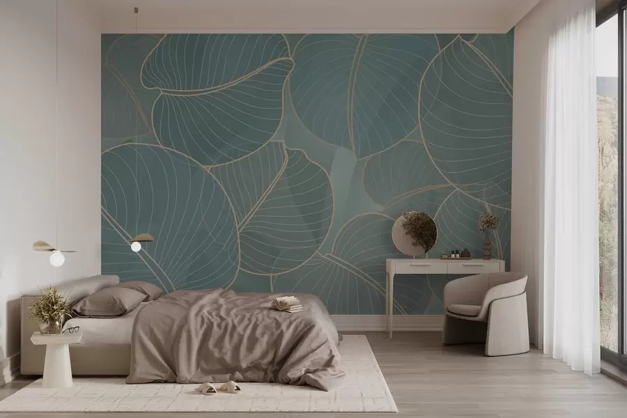 murales de pared follaje lineal del lirio de agosto en tonos turquesa w02768v1