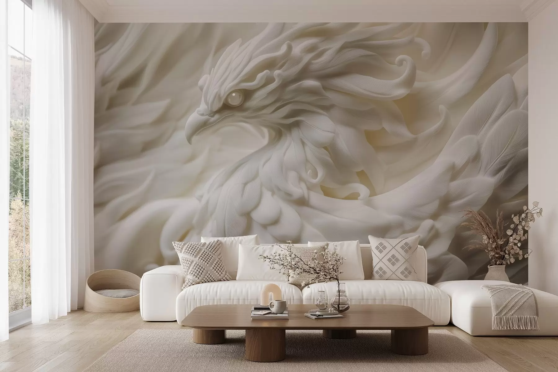 murales de pared Un pájaro con plumas largas de estilo estuco en tonos beige w08629