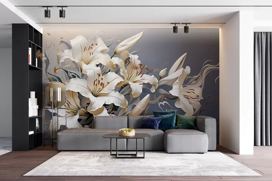 murales de pared Sofisticados lirios blancos sobre fondo azul grisáceo w08633