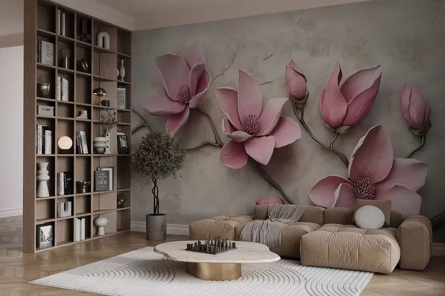 murales de pared Magnolias rosas en estuco w08635