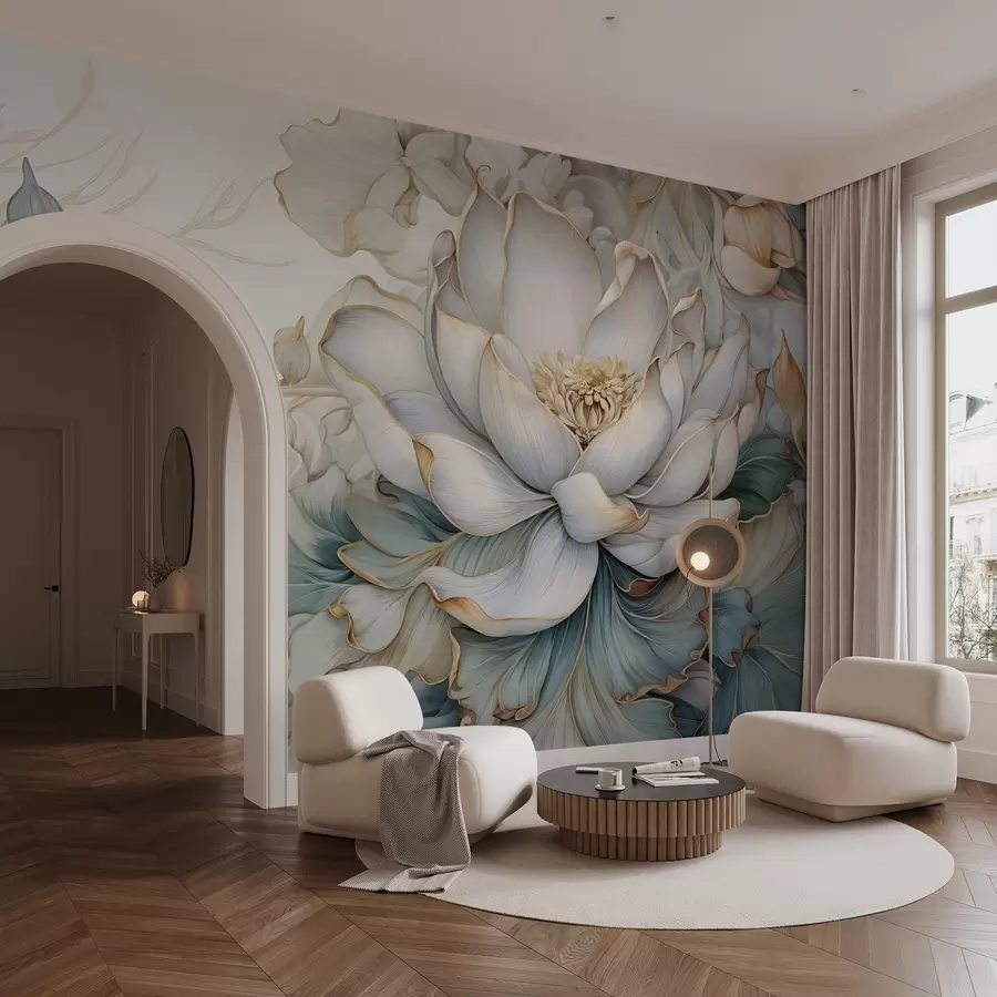 murales de pared Una gran y delicada flor de lirio blanco y follaje con suaves pétalos decorativos en capas sobre un fondo abstracto de textura azulada w08640