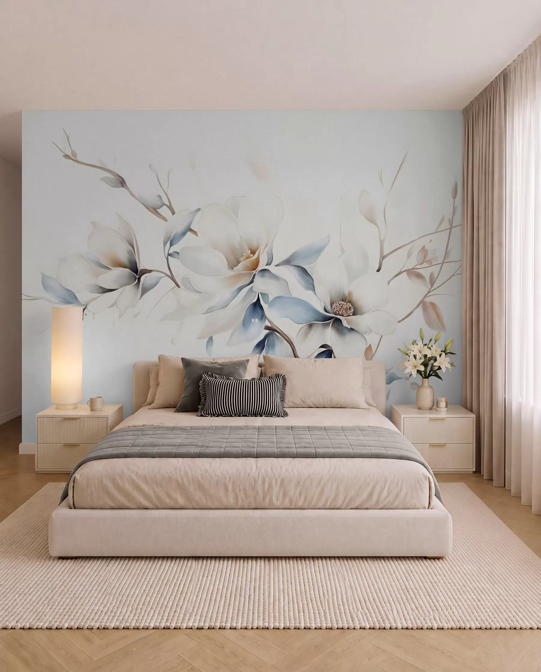 murales de pared Magnolia en azul y crema w08644