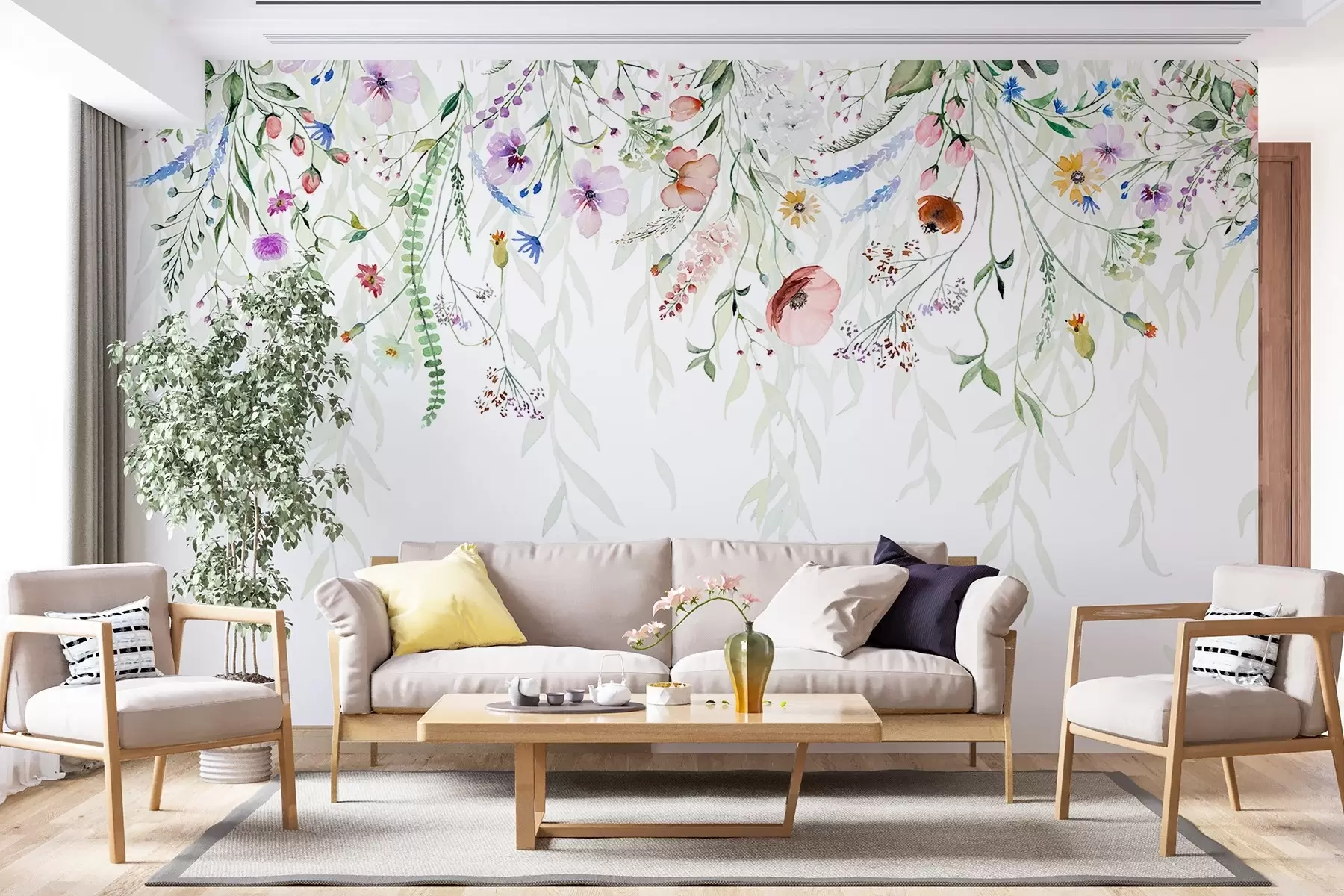 murales de pared Un colorido estampado floral en cascada con varias flores, hojas y plantas en estilo acuarela   w08646